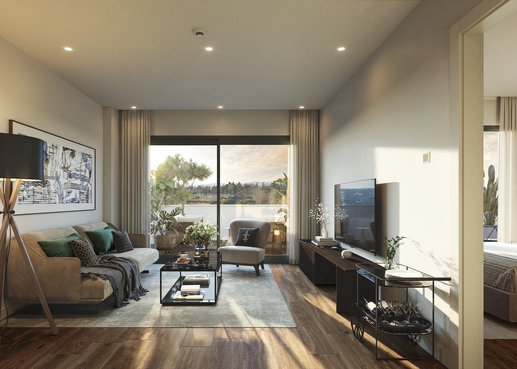 Bright and accessible lounge area designed for senior residents in Spain. Sala luminosa y accesible diseñada para residentes mayores en España.